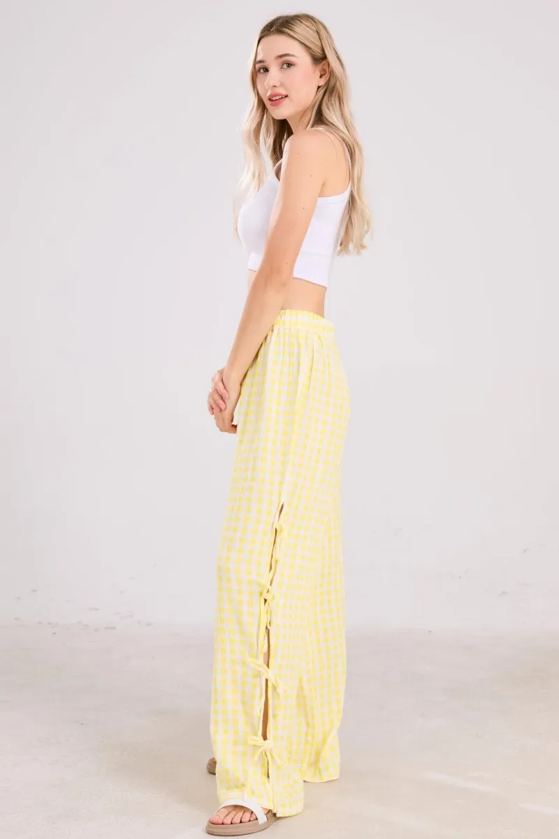 Chouyatou Womens Gingham Striped Wide Leg Pants Y2k Lounge Pants Lace Up Loose Trousers