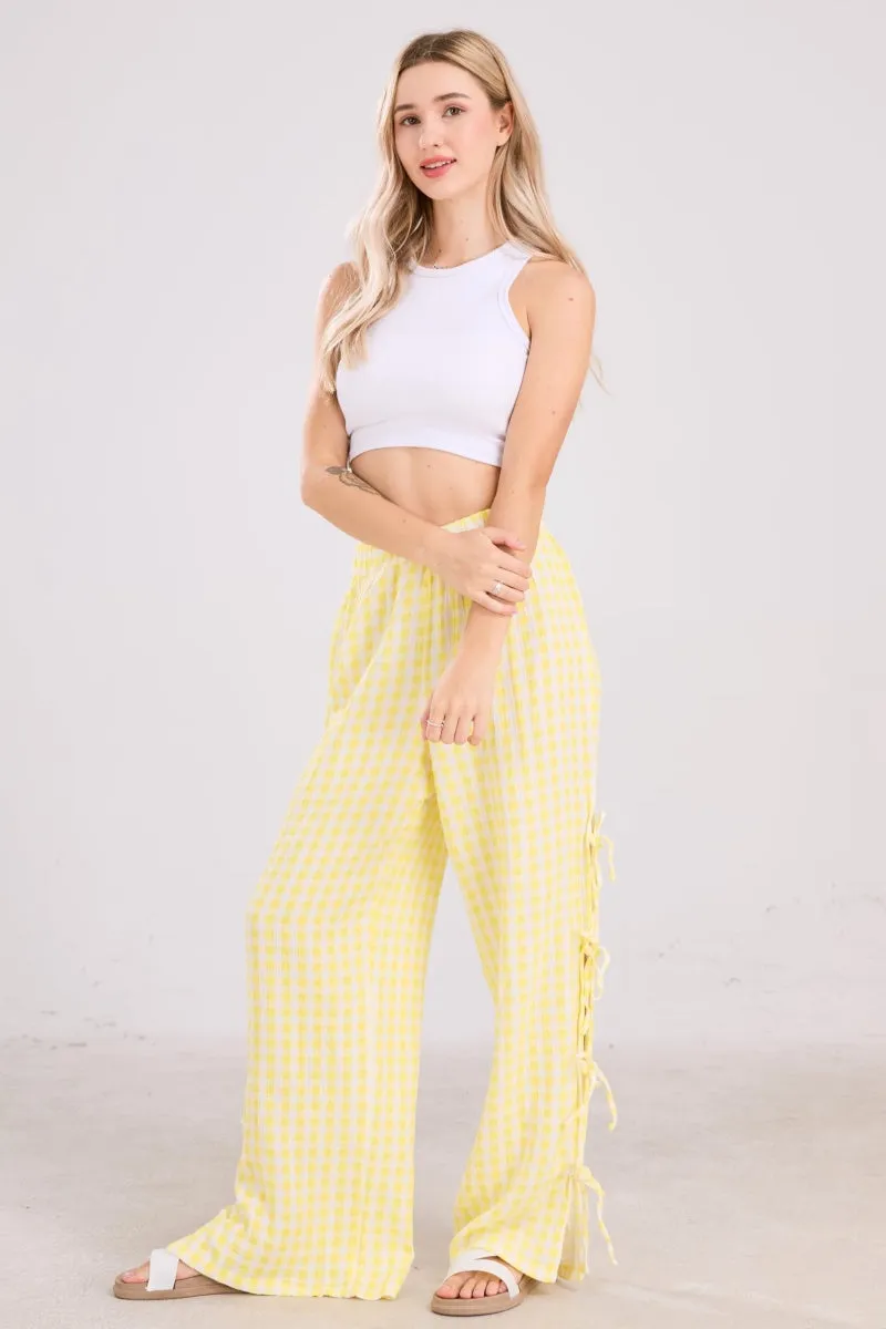 Chouyatou Womens Gingham Striped Wide Leg Pants Y2k Lounge Pants Lace Up Loose Trousers