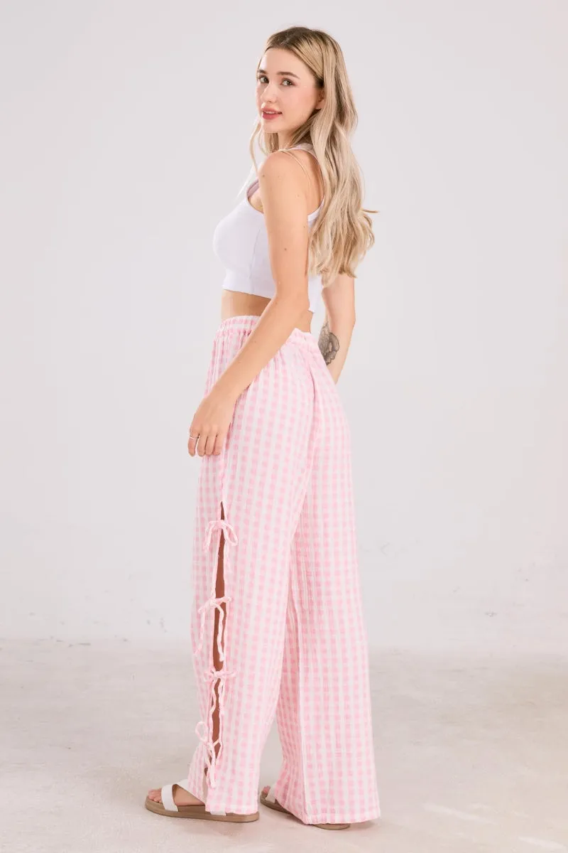 Chouyatou Womens Gingham Striped Wide Leg Pants Y2k Lounge Pants Lace Up Loose Trousers