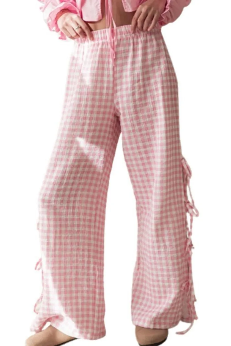 Chouyatou Womens Gingham Striped Wide Leg Pants Y2k Lounge Pants Lace Up Loose Trousers