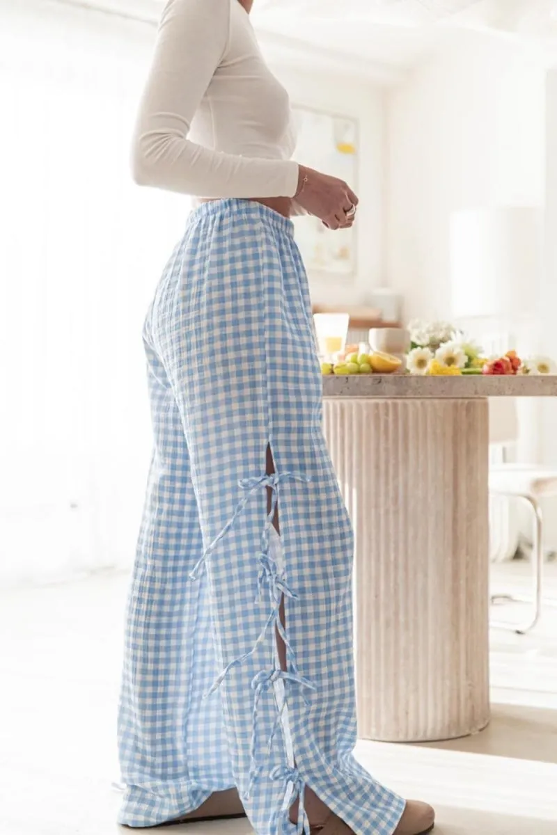 Chouyatou Womens Gingham Striped Wide Leg Pants Y2k Lounge Pants Lace Up Loose Trousers