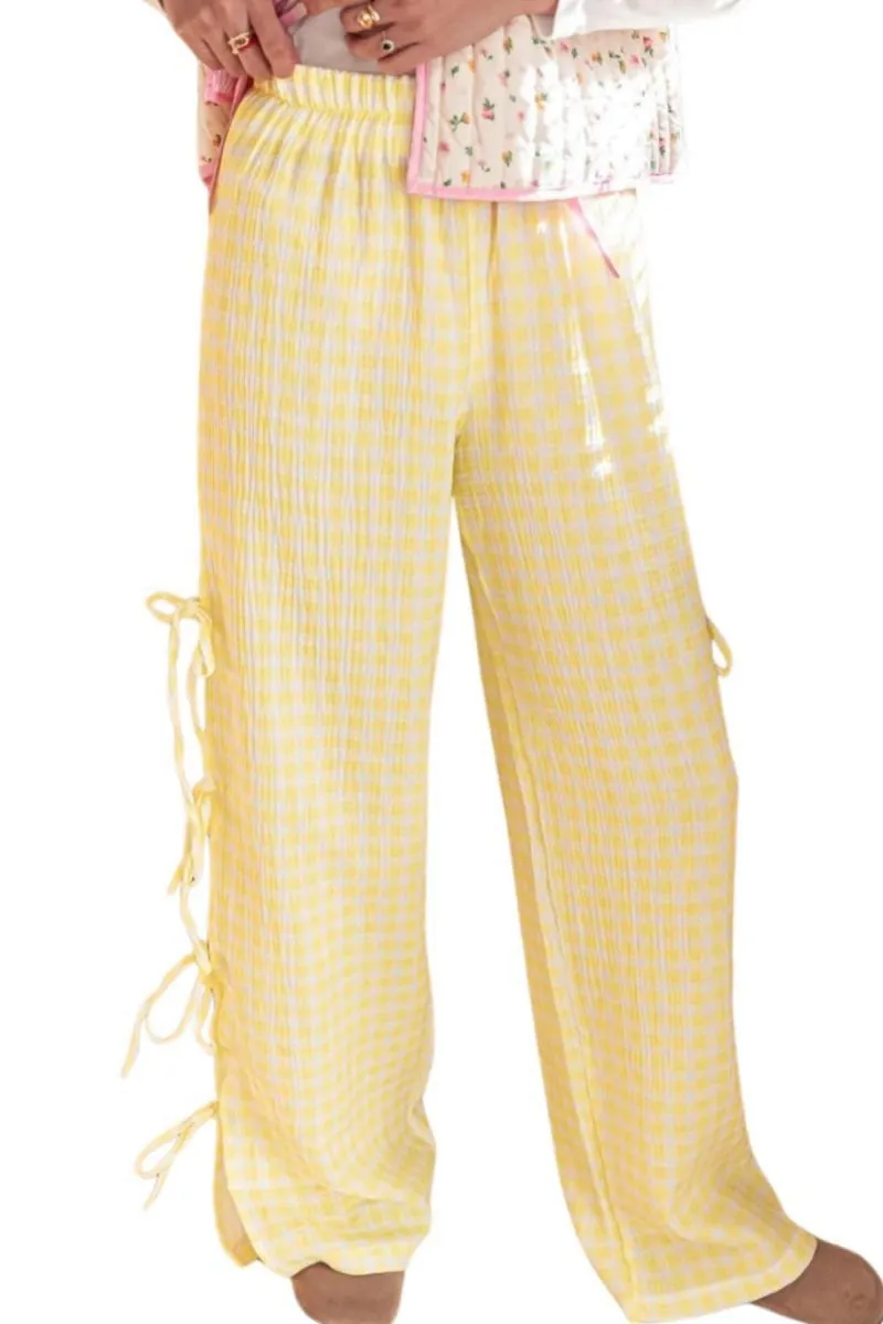 Chouyatou Womens Gingham Striped Wide Leg Pants Y2k Lounge Pants Lace Up Loose Trousers