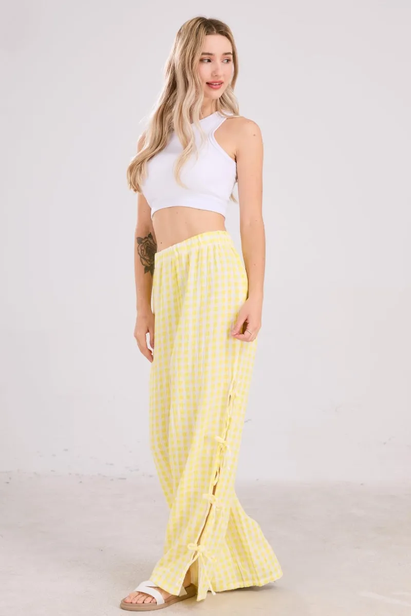 Chouyatou Womens Gingham Striped Wide Leg Pants Y2k Lounge Pants Lace Up Loose Trousers