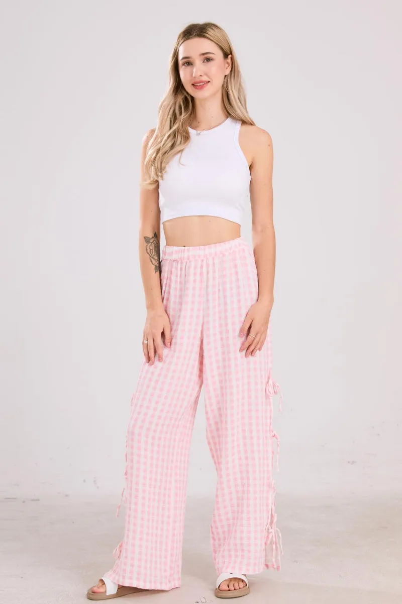 Chouyatou Womens Gingham Striped Wide Leg Pants Y2k Lounge Pants Lace Up Loose Trousers