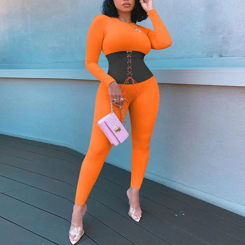 Colorblock Lace Up Long Sleeve Ribbed Jumpsuit