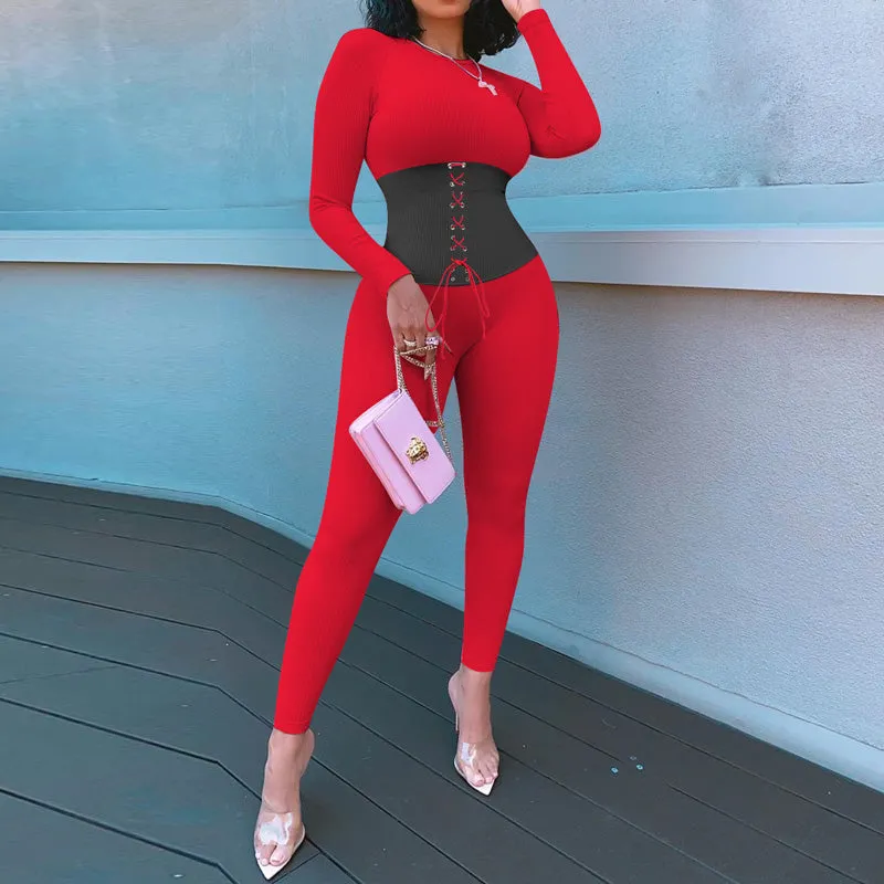 Colorblock Lace Up Long Sleeve Ribbed Jumpsuit