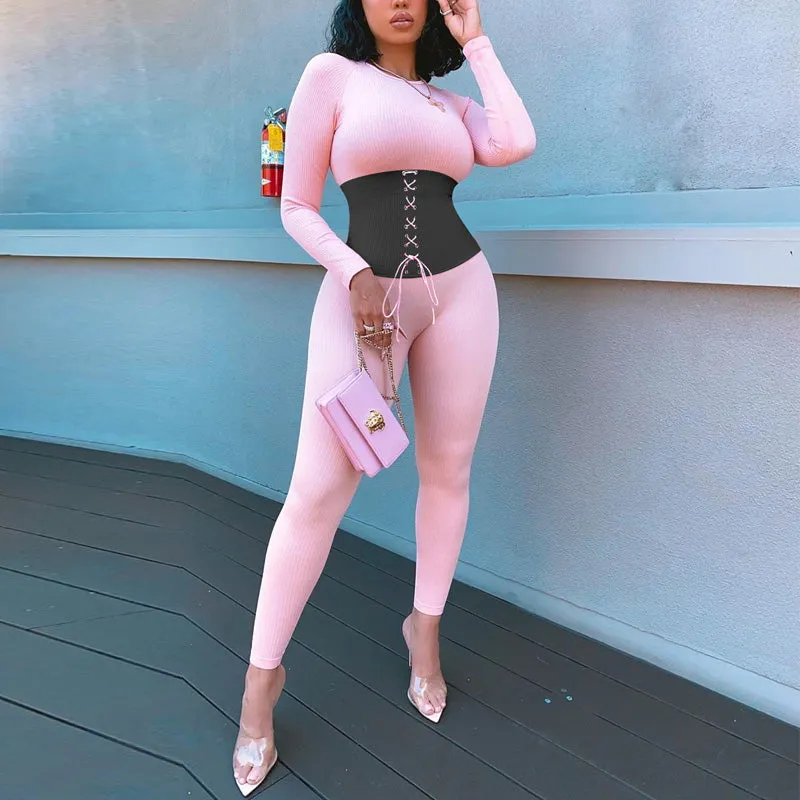 Colorblock Lace Up Long Sleeve Ribbed Jumpsuit