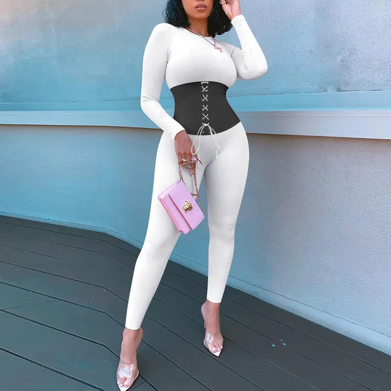 Colorblock Lace Up Long Sleeve Ribbed Jumpsuit