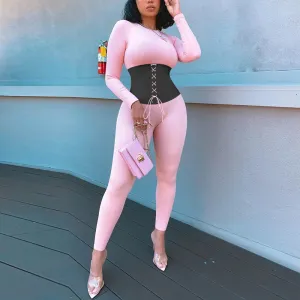 Colorblock Lace Up Long Sleeve Ribbed Jumpsuit