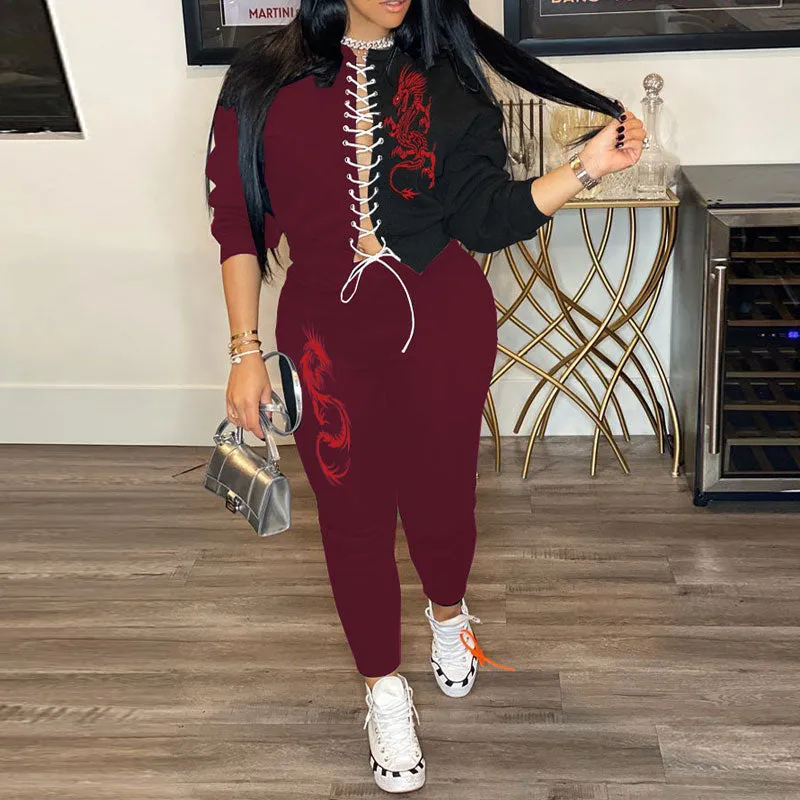Colorblock Print Eyelet Lace Up Top & Pants Set