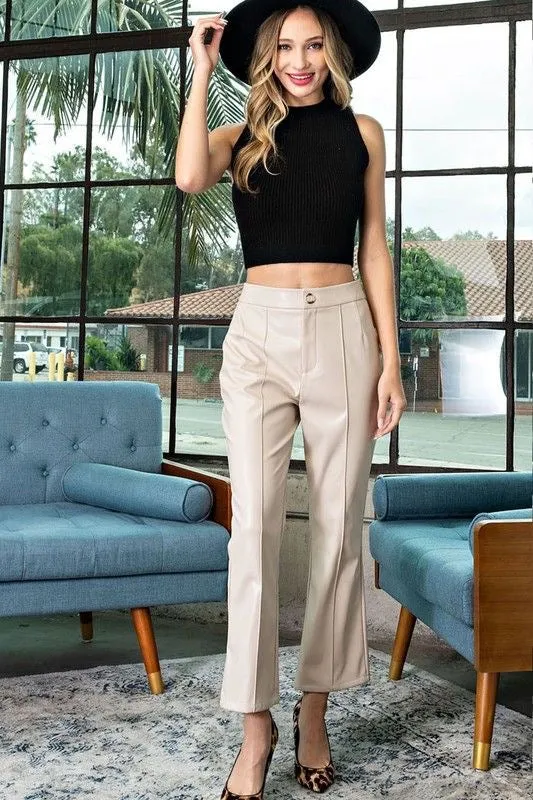 Cropped Slight Flare Leather Pants