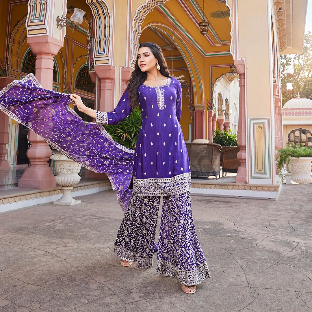 Deep Purple Short Kurta Embroidered Palaazo Set