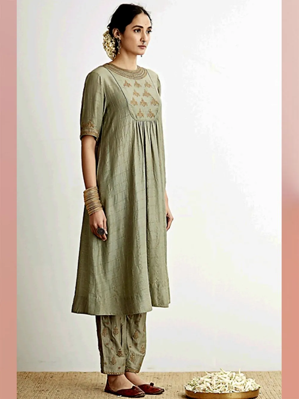 Dhruv Singh   I   kurta-pants-set-of-2-muted-pista-calf-length-checkered-kurta-with-hand-embroidered-yoke-and-short-sleeves-with-hand-embroidered-pants
