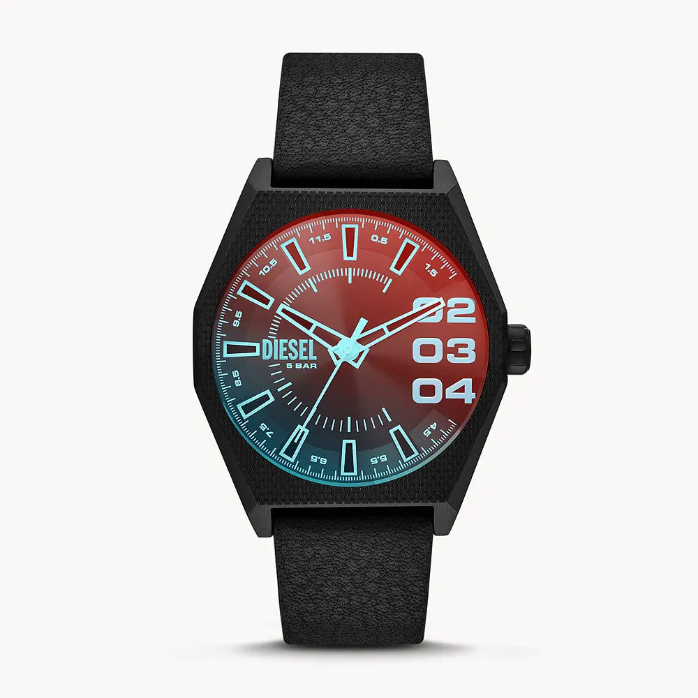 DIESEL SCRAPER THREE-HAND BLACK LEATHER WATCH