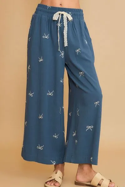 Dusty Blue Lace Drawstring Embroidered Bow Wide Leg Pants