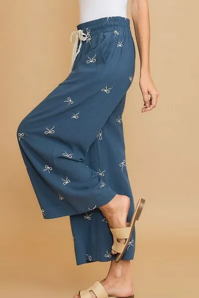 Dusty Blue Lace Drawstring Embroidered Bow Wide Leg Pants
