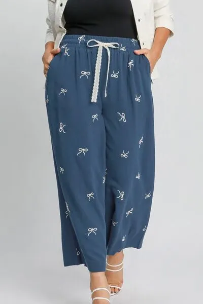 Dusty Blue Lace Drawstring Embroidered Bow Wide Leg Pants