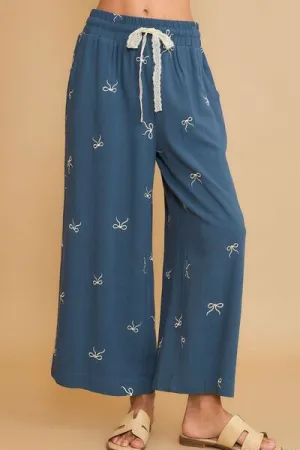 Dusty Blue Lace Drawstring Embroidered Bow Wide Leg Pants