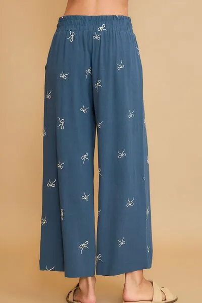 Dusty Blue Lace Drawstring Embroidered Bow Wide Leg Pants