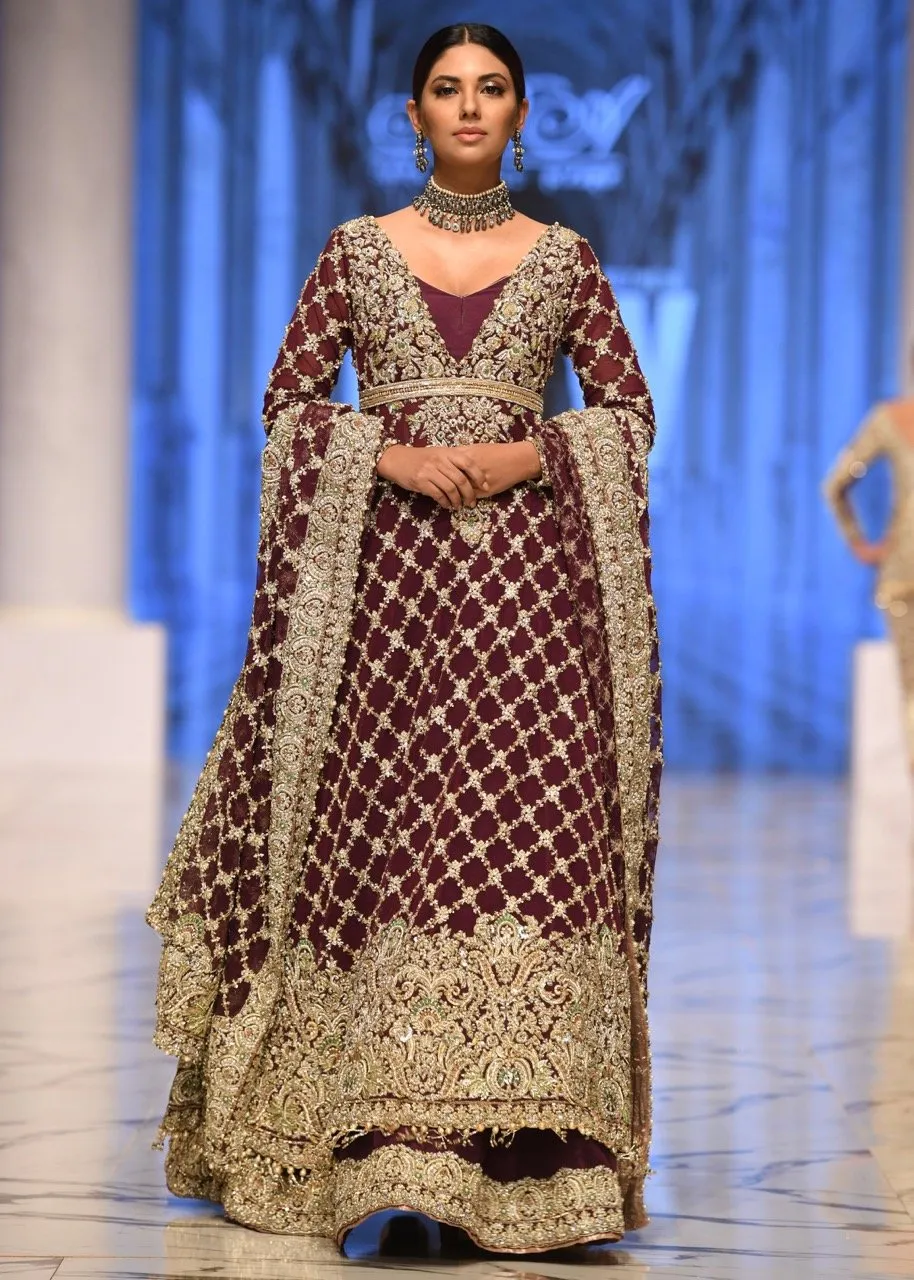 Embroidered bridal frock in maroon color with skin gold embroidery # B3375
