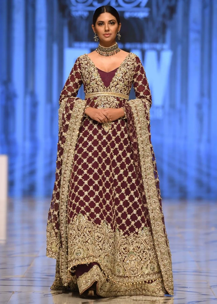 Embroidered bridal frock in maroon color with skin gold embroidery # B3375