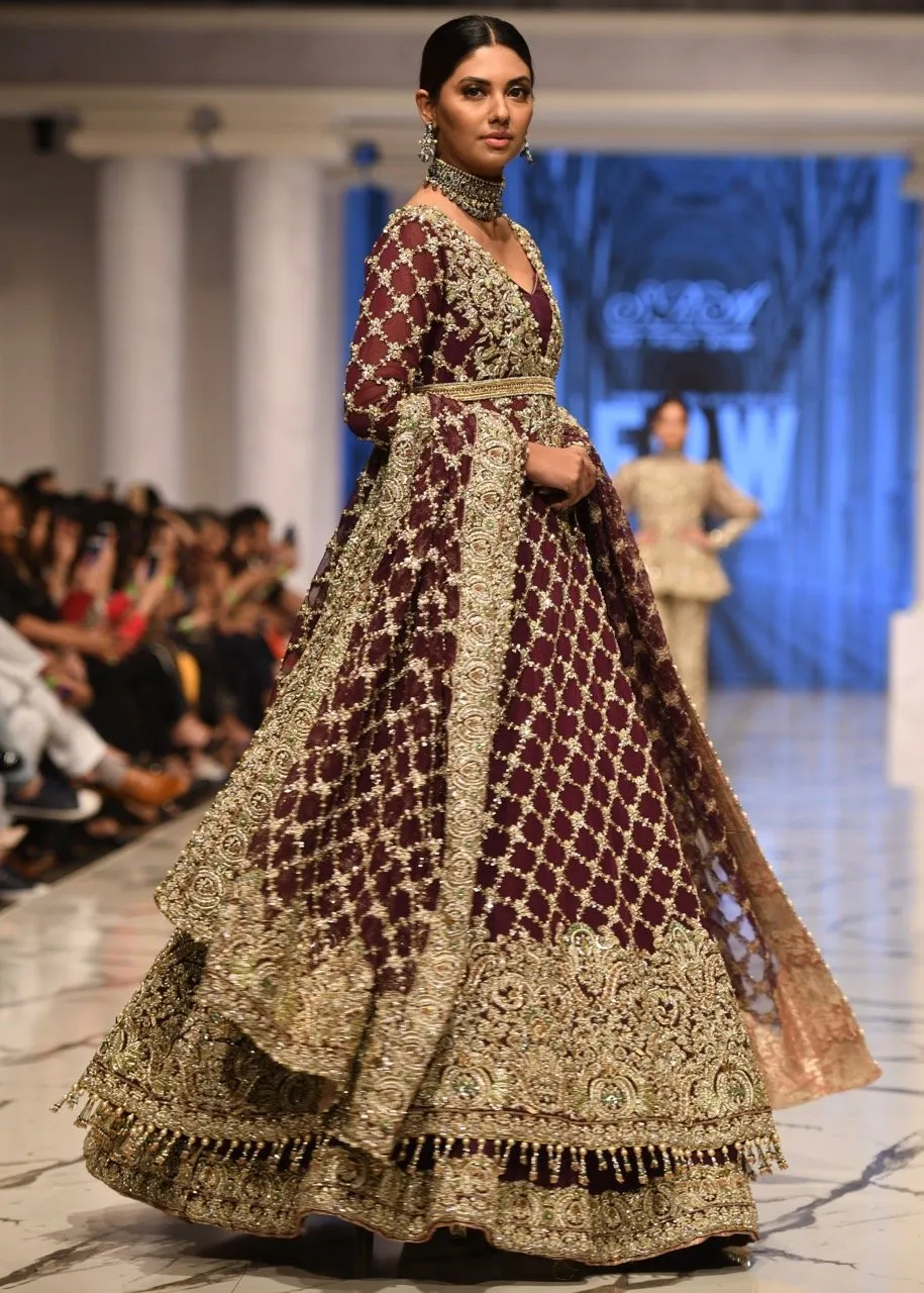 Embroidered bridal frock in maroon color with skin gold embroidery # B3375
