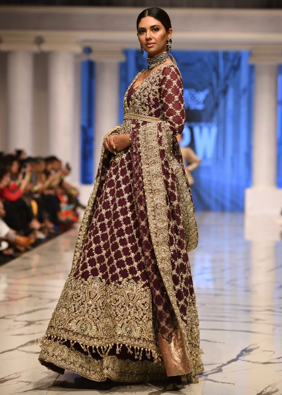 Embroidered bridal frock in maroon color with skin gold embroidery # B3375