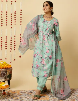 EMBROIDERED GREEN ROSE PRINT PLEATED PAKISTANI KURTA WITH PANTS AND DUPATTA
