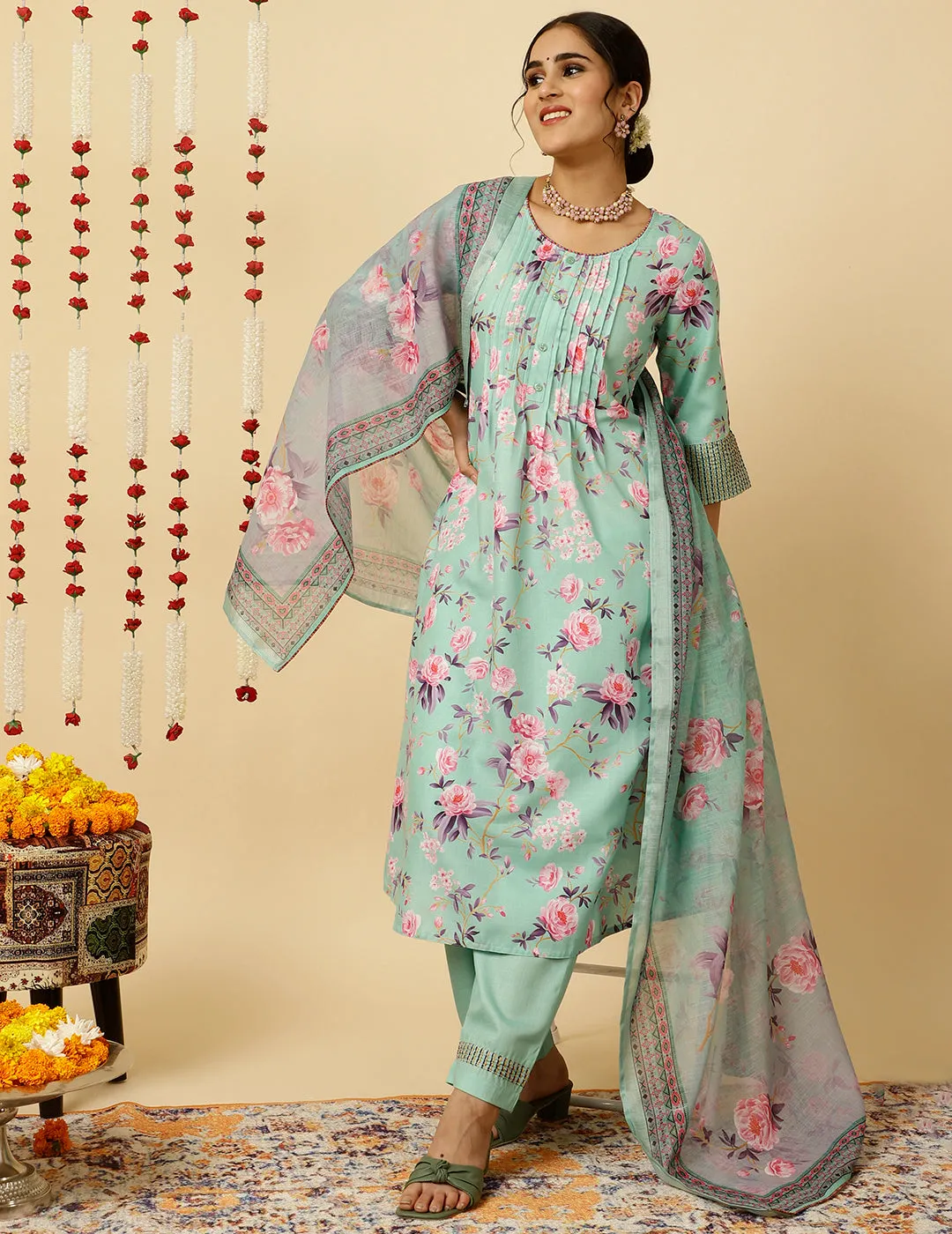 EMBROIDERED GREEN ROSE PRINT PLEATED PAKISTANI KURTA WITH PANTS AND DUPATTA