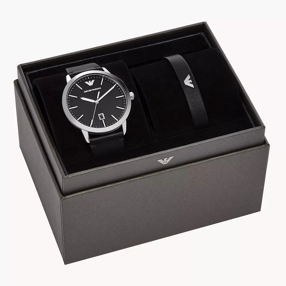 EMPORIO ARMANI THREE-HAND DATE BLACK LEATHER WATCH AND BRACELET SET