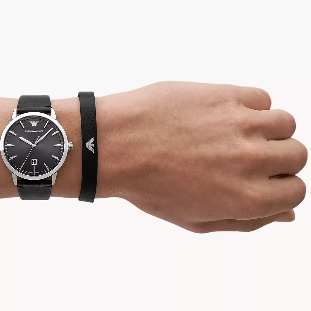 EMPORIO ARMANI THREE-HAND DATE BLACK LEATHER WATCH AND BRACELET SET