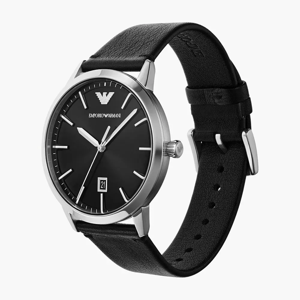 EMPORIO ARMANI THREE-HAND DATE BLACK LEATHER WATCH AND BRACELET SET