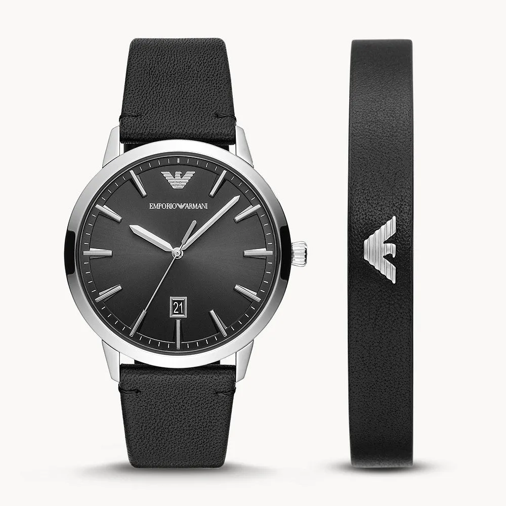 EMPORIO ARMANI THREE-HAND DATE BLACK LEATHER WATCH AND BRACELET SET