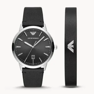 EMPORIO ARMANI THREE-HAND DATE BLACK LEATHER WATCH AND BRACELET SET