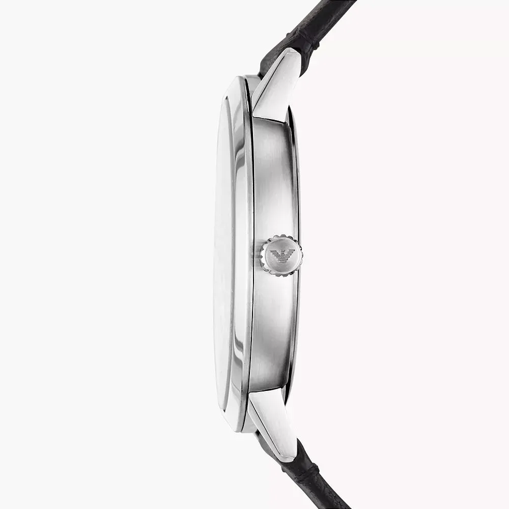 EMPORIO ARMANI THREE-HAND DATE BLACK LEATHER WATCH AND BRACELET SET