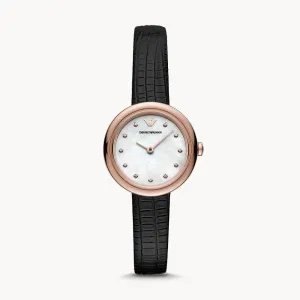 EMPORIO ARMANI TWO-HAND BLACK LEATHER WATCH