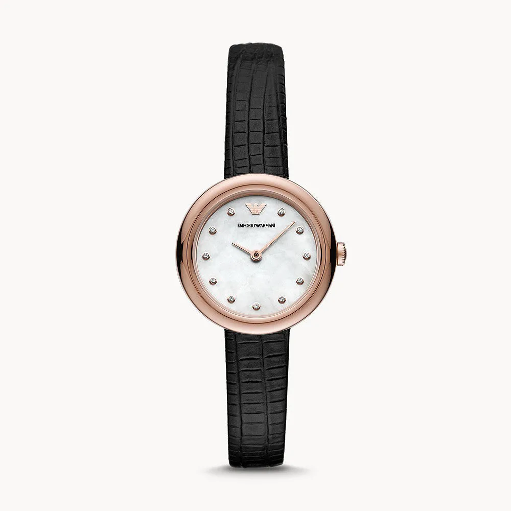 EMPORIO ARMANI TWO-HAND BLACK LEATHER WATCH