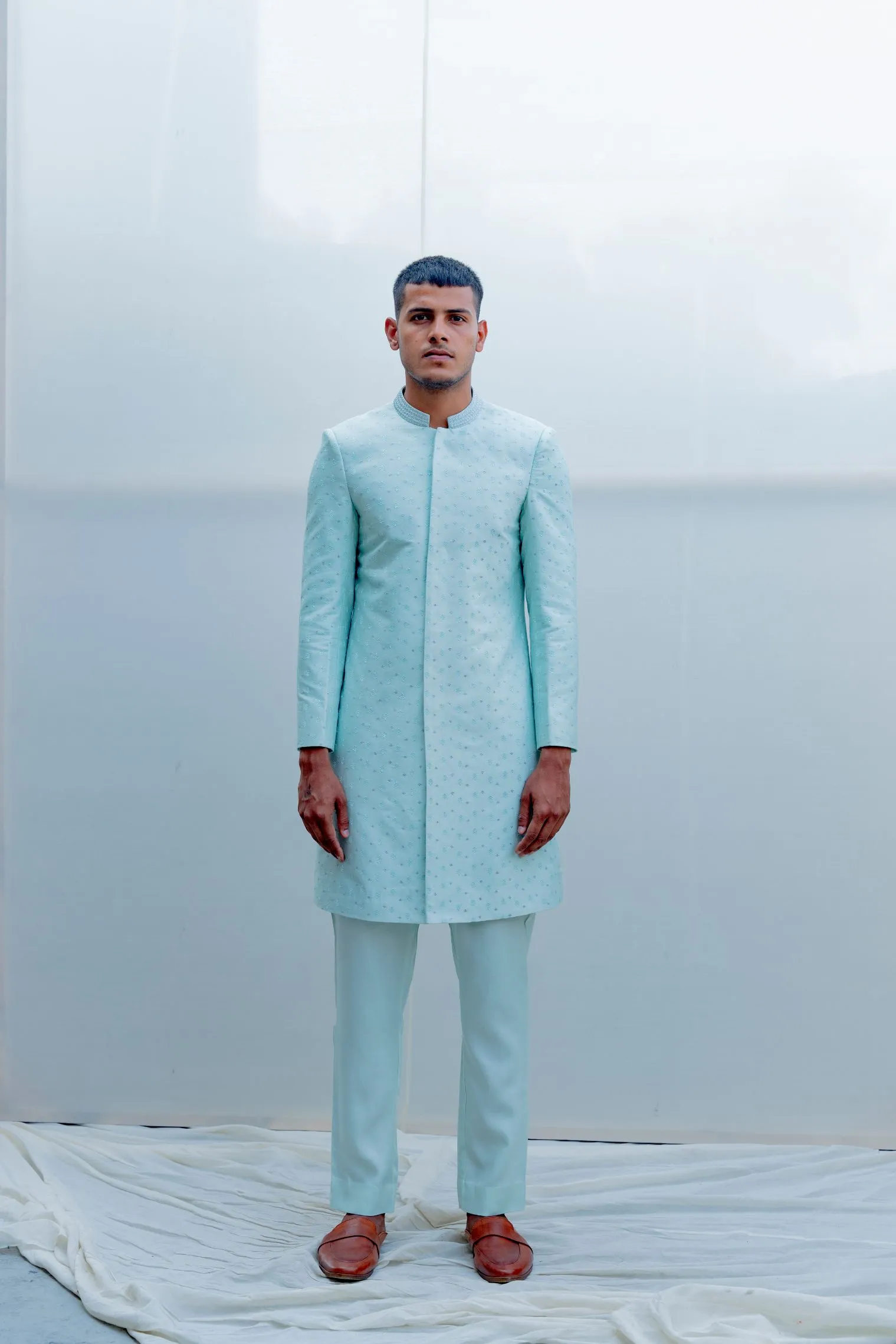 Epitome- Light Blue Embroidered Achkan with Kurta Set