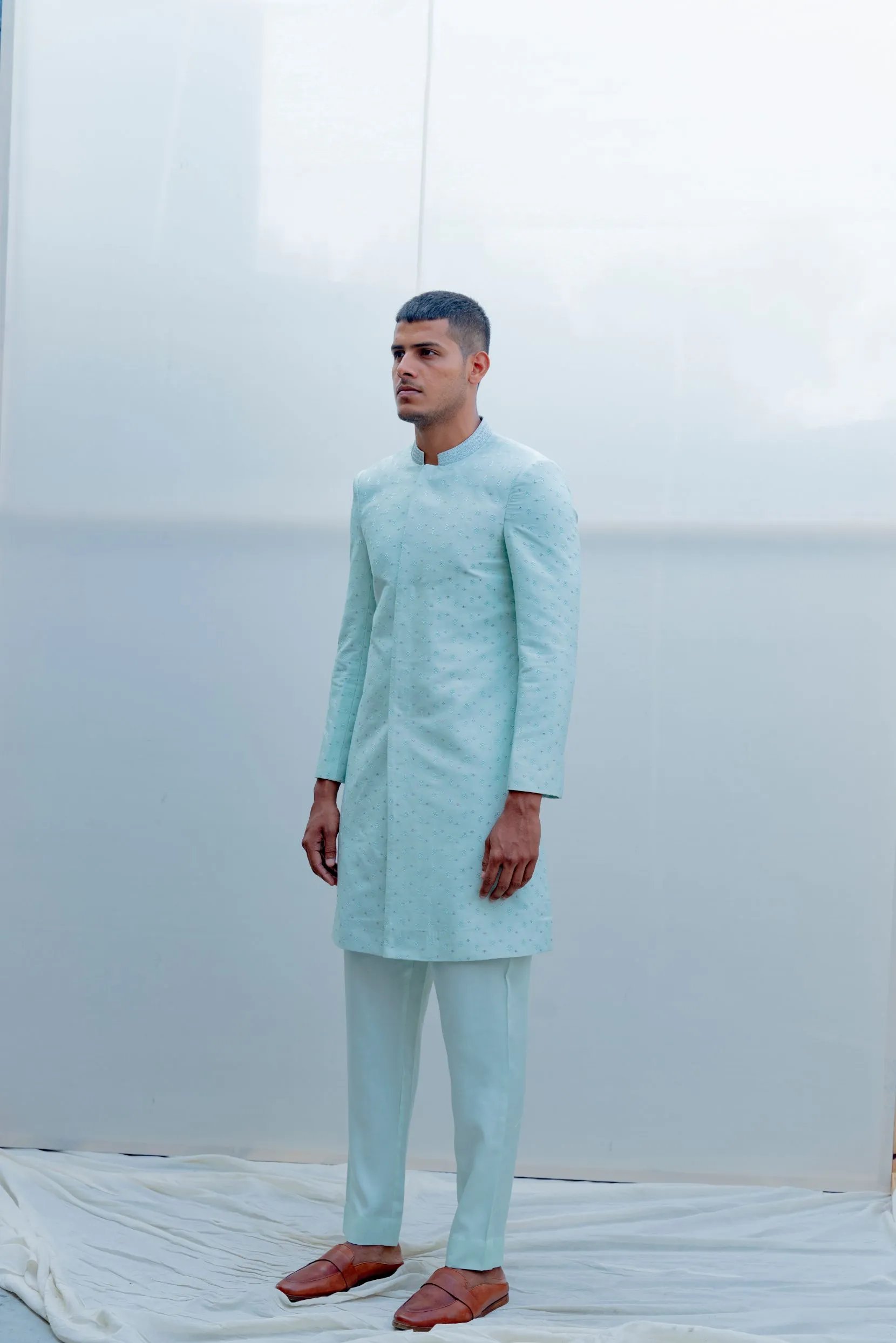 Epitome- Light Blue Embroidered Achkan with Kurta Set