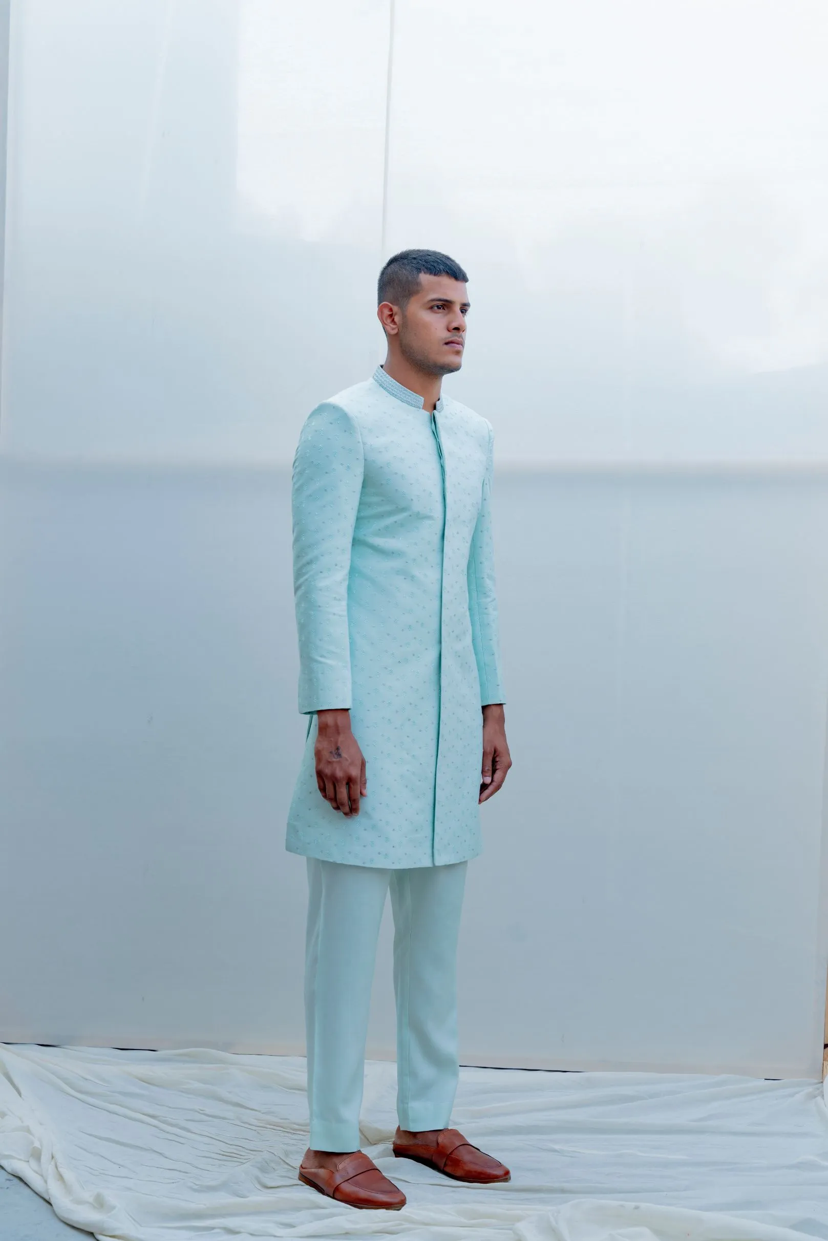 Epitome- Light Blue Embroidered Achkan with Kurta Set