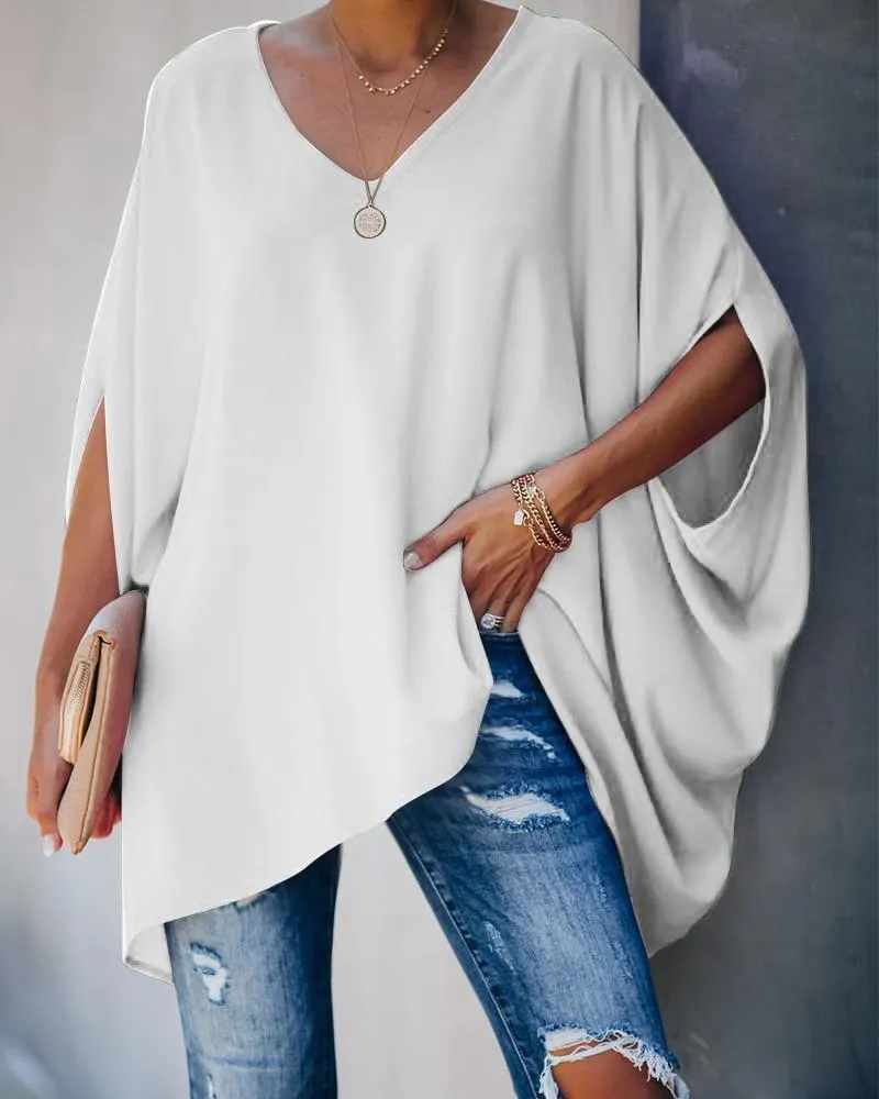 Fashion Solid  Color Bat Sleeve Shirt