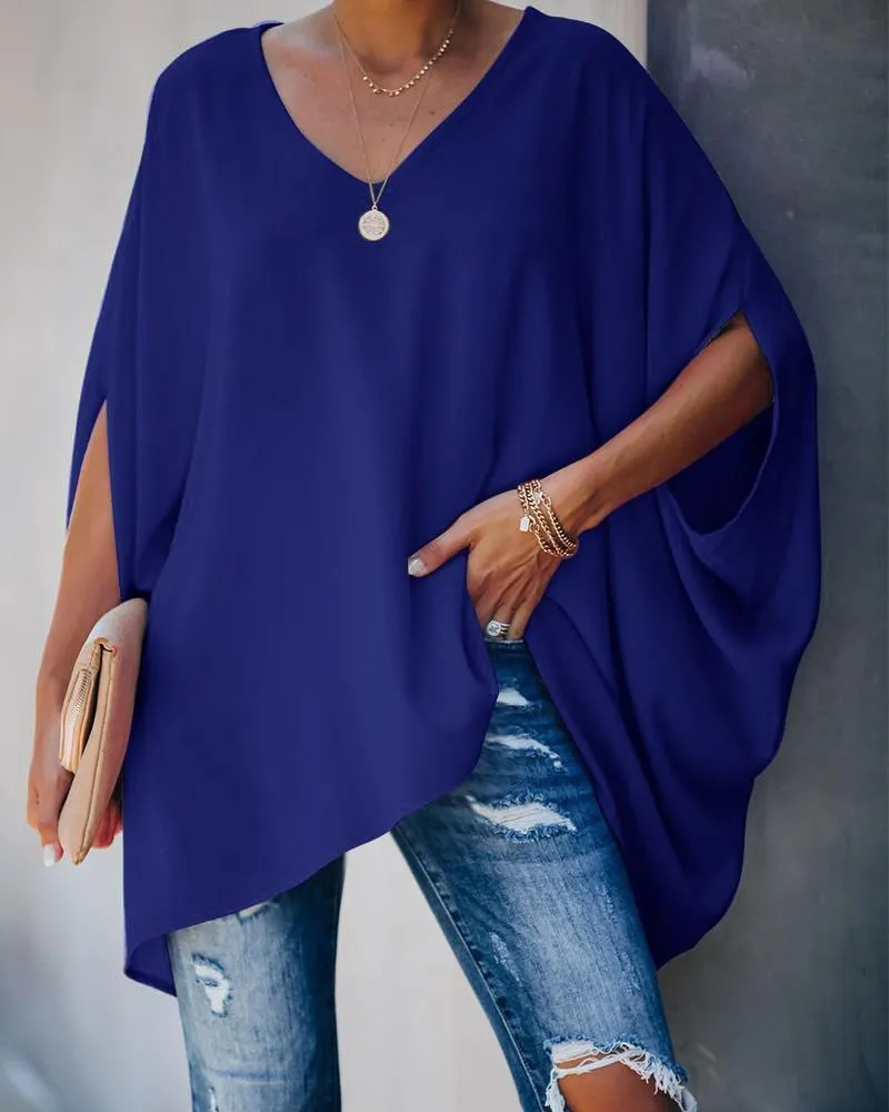 Fashion Solid  Color Bat Sleeve Shirt