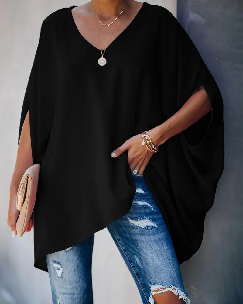 Fashion Solid  Color Bat Sleeve Shirt