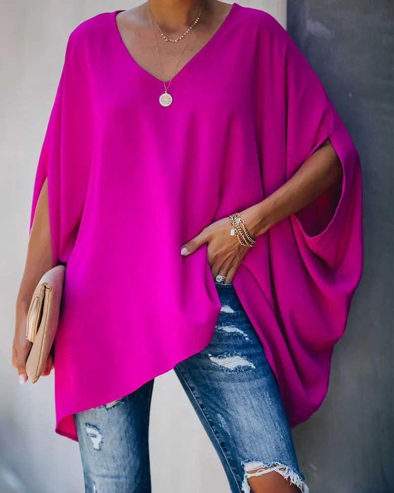 Fashion Solid  Color Bat Sleeve Shirt