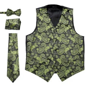 Ferrecci Mens Green/Black Paisley Wedding Prom Grad Choir Band 4pc Vest Set