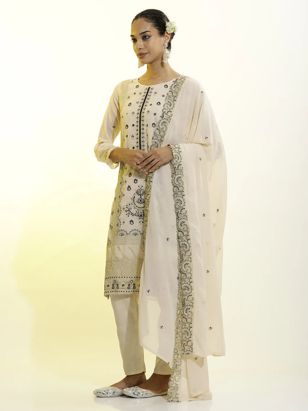 Festive Embroidered Georgette Kurta Set With Dupatta