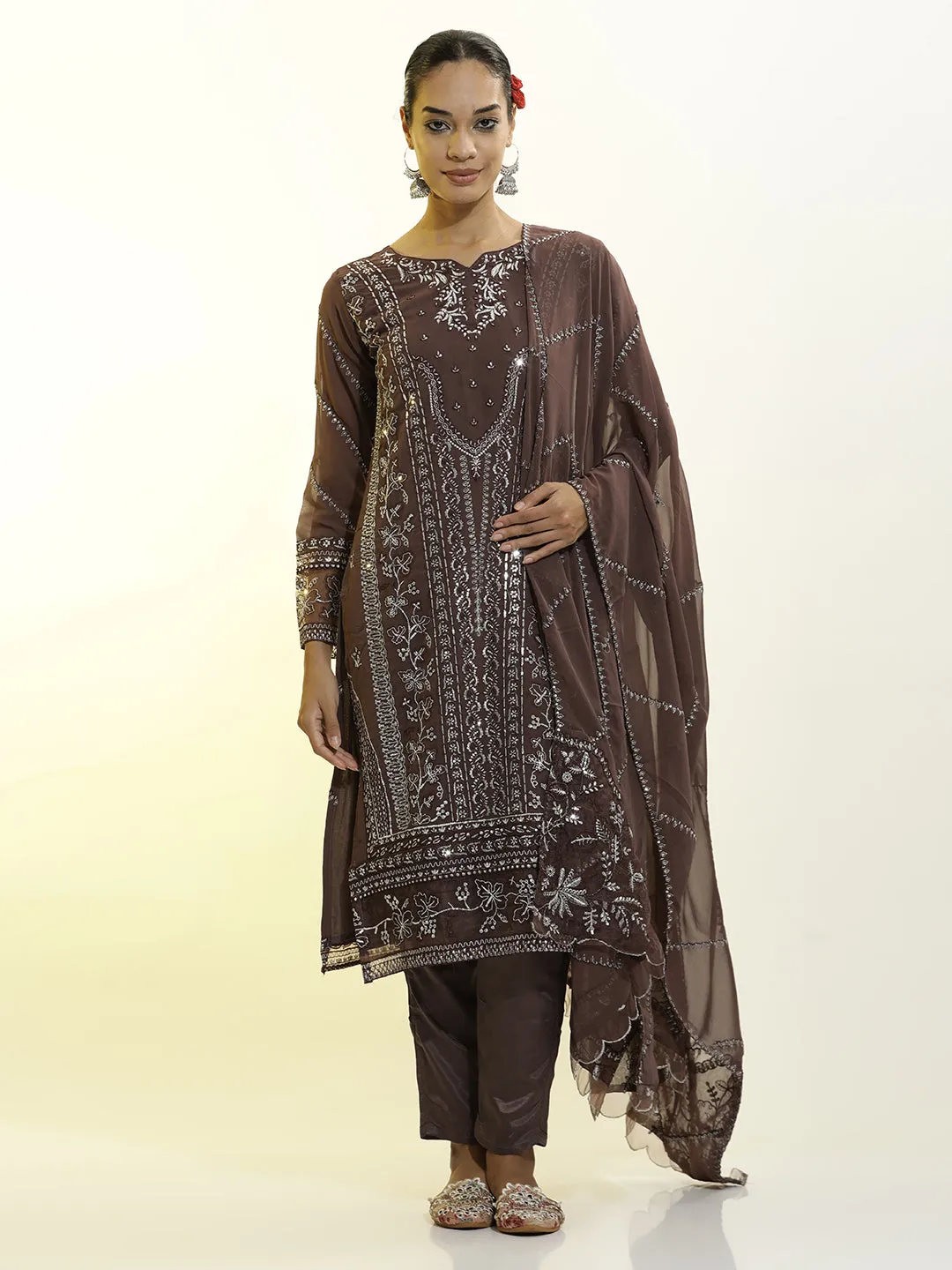 Festive Embroidered Georgette Party Wear Kurta Set With Dupatta