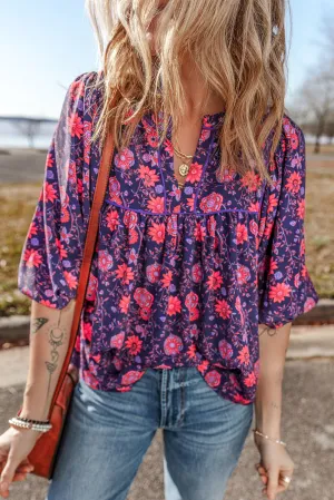 Floral Half Sleeve Split Neck Blouse Top