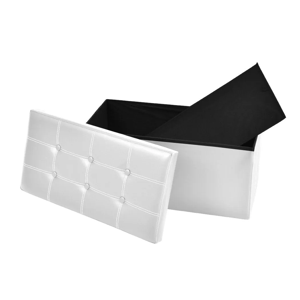 Folding Ottoman Storage Blanket Box Footstool Stool Cube Pouf Faux White Leather