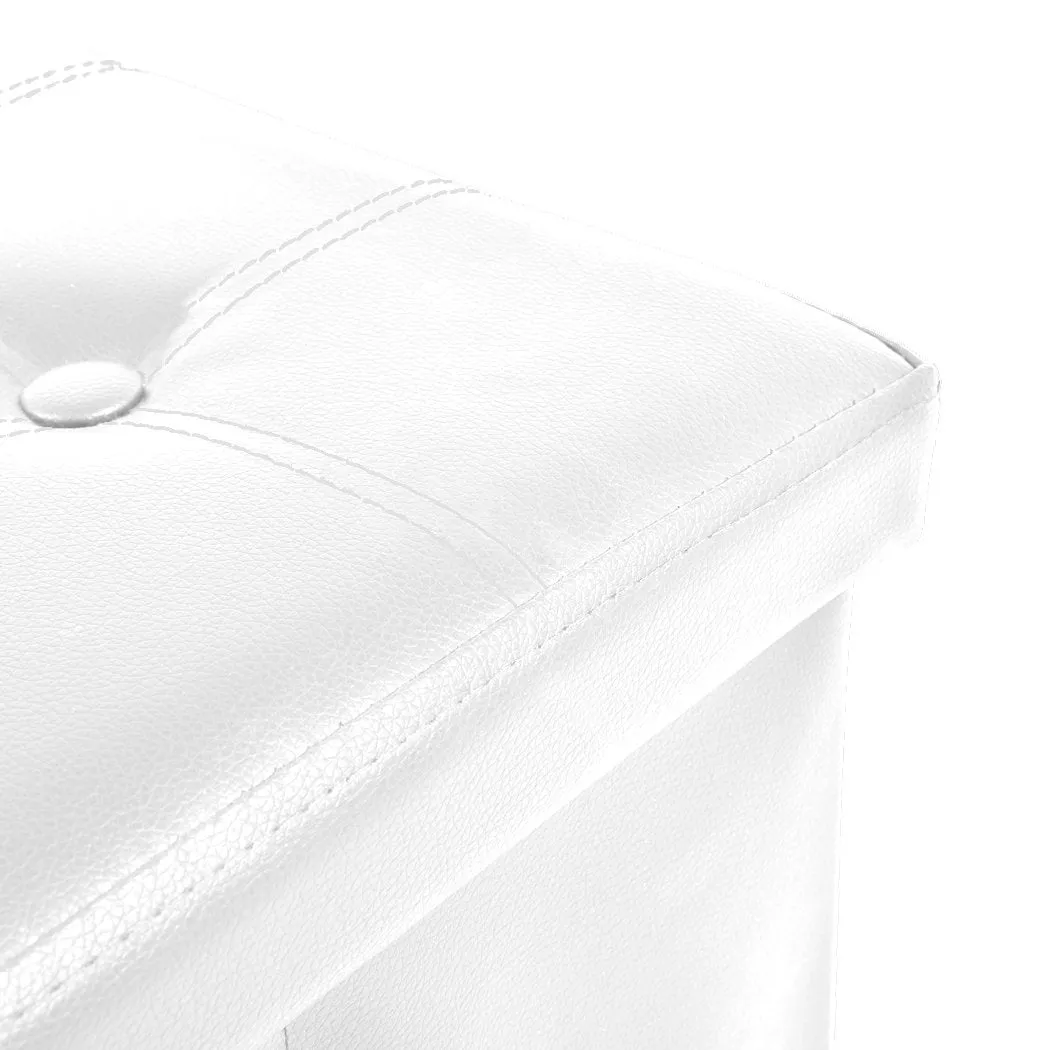 Folding Ottoman Storage Blanket Box Footstool Stool Cube Pouf Faux White Leather